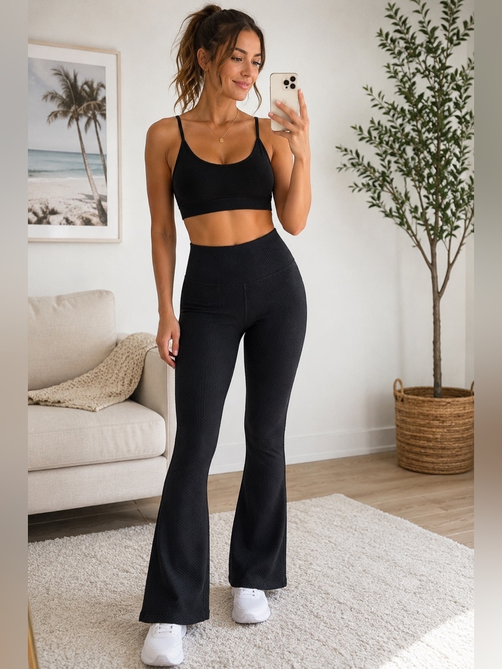 Beach Riot Sport Black Textured Flare Leggings Women’s Large High Rise Yoga